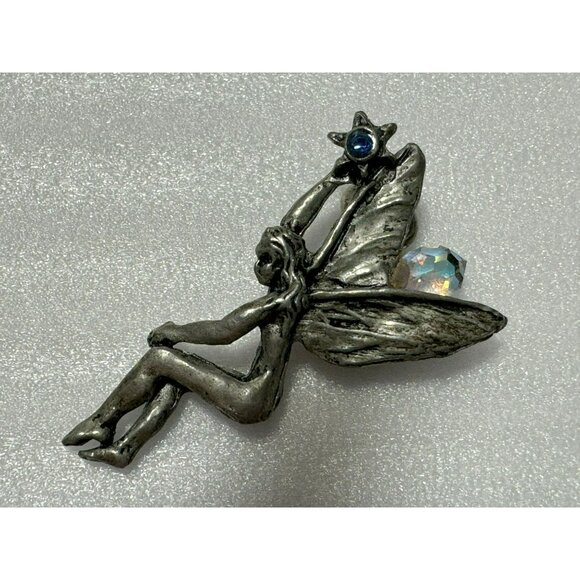 Vintage Pewter Mythical Fairy Pendant Holding Star w Blue Crystal AB Wings - Picture 2 of 5